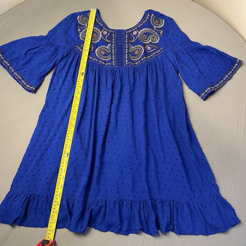 Umgee Small Blue Women's Paisley Embroidered Bell Sleeve Mini Dress Bohemian - Picture 6 of 10